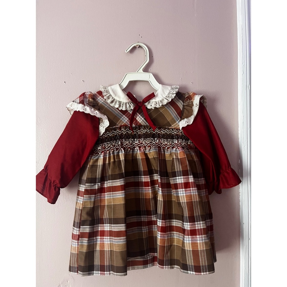 Vintage Polly Flinders Hand Smocked brown Plaid Dress Toddler Size T2 Fall